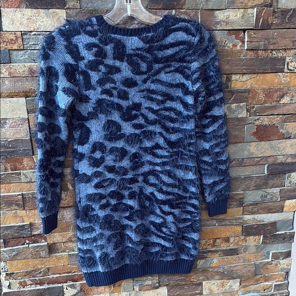 Boboli Stylish Girls Fuzzy Sweater Dress Blue Animal Print - Picture 2 of 5